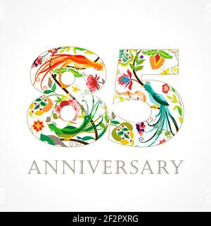 85 years old luxurious celebrating folk logo. Template colored 85 th happy anniversary greetings, ethnics flowers, plants, paradise birds. Traditional Stock Vector