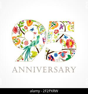 95 years old luxurious celebrating folk logo. Template colored 95 th happy anniversary greetings, ethnics flowers, plants, paradise birds. Traditional Stock Vector