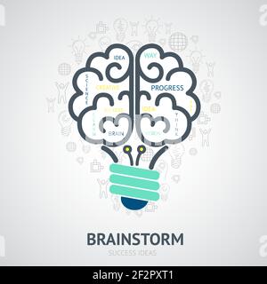 Idea brainstorm design concept with creative vision symbols in lightbulb brain shape vector illustration Stock Vector