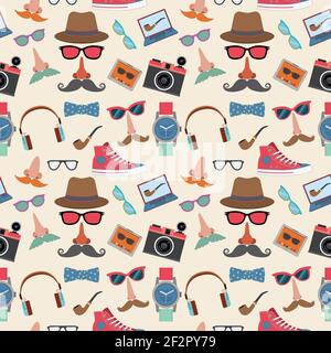 Hipster elements seamless pattern with gumshoes bowtie mustaches smoking pipe vector illustration Stock Vector