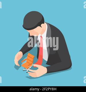 Flat 3d Isometric Businessman Protecting Office Chair. Job Security and Protection Concept. Stock Vector