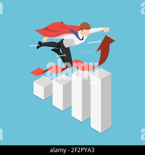 Flat 3d Isometric Super Businessman Flying Over Growing Business Graph. Leadership and Successful Concept. Stock Vector