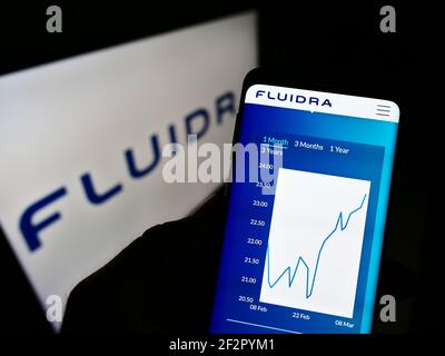 Person holding cellphone with website and chart of Spanish wellness company Fluidra SA on screen in front of logo. Focus on center of phone display. Stock Photo