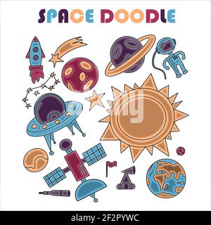 Hand draw space illustration with a rocket, astronaut, planets and aliens. Cute, children s vector drawing about spaceships, flying saucers and Stock Vector