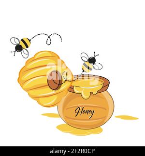 Buzzy Bee vector illustration with hive and honey pot on a white background Stock Vector