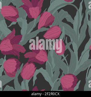 Seamless pattern of dark pink flowers on dark gray background. Vector illustration. Best for wrapping, textile or print design. Symbol of springtime. Stock Vector