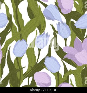 Seamless pattern of blue and violet tulip flowers on white background. Vector illustration. Best for wrapping, textile or print design. Symbol of spri Stock Vector