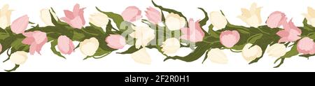 Seamless border of tulips flowers. Vector illustration, background, pattern, print for packaging paper, postcards, textiles. Frame with colorful tulip Stock Vector