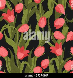 Seamless pattern of red tulip flowers on black background. Vector illustration. Best for wrapping, textile or print design. Symbol of springtime. Stock Vector