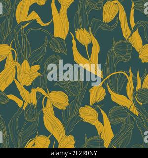 Seamless floral pattern with tulips flower. Vector repeating background with line art spring flower pattern. Best for wrapping, textile or print desig Stock Vector