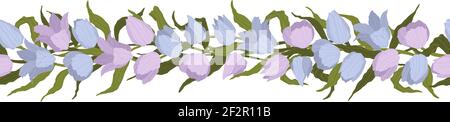 Seamless border of tulips flowers. Vector illustration, background, pattern, print for packaging paper, postcards, textiles. Frame with colorful tulip Stock Vector