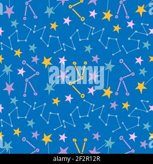 Seamless pattern with cute space stars on blue background in vector graphic. For decorating the covers of notebooks, wrapping paper, for prints on Stock Vector