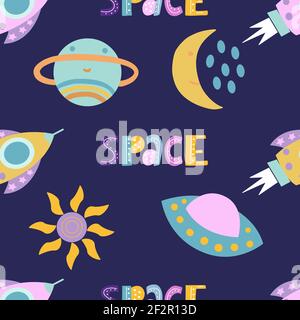 Seamless pattern with cute space elements on blue background in vector graphic. For decorating the covers of notebooks, wrapping paper, for prints on Stock Vector