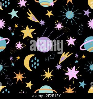 Seamless pattern with cute space elements on black background in vector graphic. For decorating the covers of notebooks, wrapping paper, for prints on Stock Vector