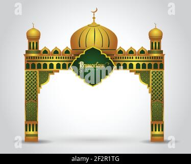 Ramadan background with golden event entrance arch, with golden arabic pattern, background for holy month of muslim community Ramadan Kareem. Stock Vector