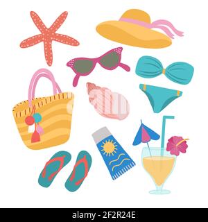 Set of summer elements on a white background, in vector graphics. For the design of covers, prints for t-shirts, packages Stock Vector