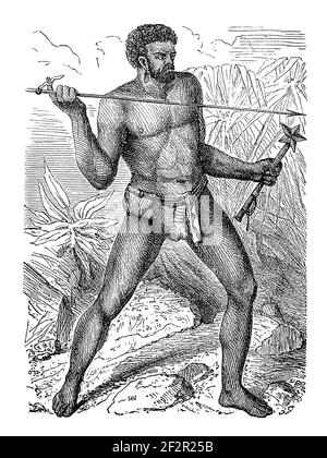 19th-century engraving of inhabitant of New Caledonia. Published in Systematischer Bilder-Atlas zum Conversations-Lexikon, Ikonographische Encyklopaed Stock Photo