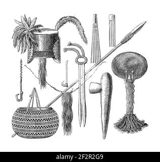 Antique 19th-century illustration of artefacts from New Guinea. Engraving published in Systematischer Bilder-Atlas zum Conversations-Lexikon, Ikonogra Stock Photo