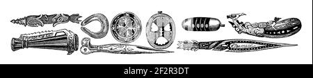 19th-century engraving of Indonesian artefacts. Illustration published in Systematischer Bilder-Atlas zum Conversations-Lexikon, Ikonographische Encyk Stock Photo