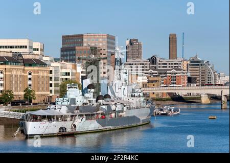 LONDON, UK - MAY 24, 2010:  HMS Belfast floating museum moored on the River Thames Stock Photo