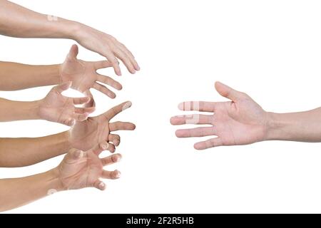 Hand reaching for helping hand, Isolated on white background. Stock Photo