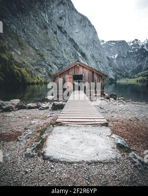 wooden boathouse at lake obersee in Nationalpark Berchtesgadener Land, Bavaria, Germany Stock Photo