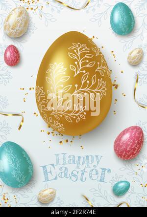 Easter greeting background with realistic golden, blue and white Easter eggs. Vector Stock Vector