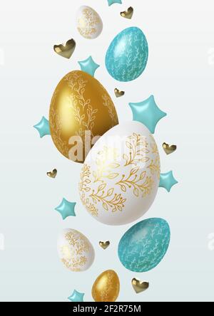 Easter greeting background with realistic golden, blue and white Easter eggs. Vector Stock Vector