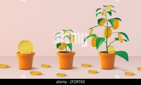 Realistic Money tree with gold coins dollars. Finance and banks, savings and investments. Vector Stock Vector