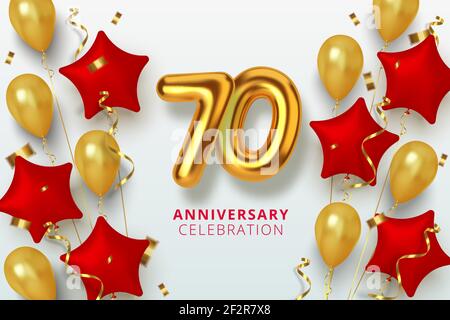 70 Anniversary celebration Number in the form star of golden and red balloons. Realistic 3d gold numbers and sparkling confetti, serpentine. Vector Stock Vector