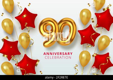 90 Anniversary celebration Number in the form star of golden and red balloons. Realistic 3d gold numbers and sparkling confetti, serpentine. Vector Stock Vector