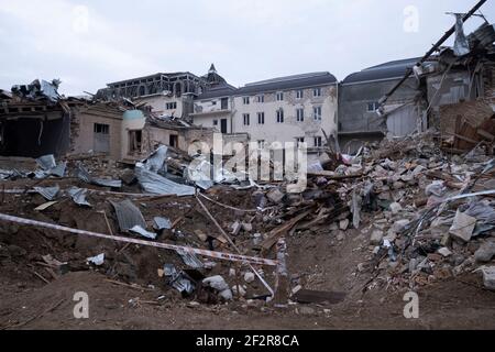GANJA, AZERBAIJAN - DECEMBER 15: The debris of destroyed buildings in a residential area hit by shelling during the military conflict between Armenia and Azerbaijan over the breakaway region of Nagorno-Karabakh, in the city of Ganja, Azerbaijan, on December 15, 2020. The fighting between Armenia and Azerbaijan re-erupted in late September into a six-week war with both countries accusing each other of provocation that left thousands dead. Stock Photo