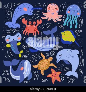 Set of cute sea animals in vector graphics on a blue background. For the design of covers, prints, wrapping paper, bags Stock Vector