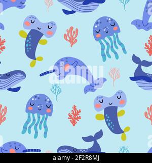 Seamless pattern with the image of cute sea animals in vector graphics. For the design of prints on fabrics, baby clothes, covers, wrapping paper Stock Vector