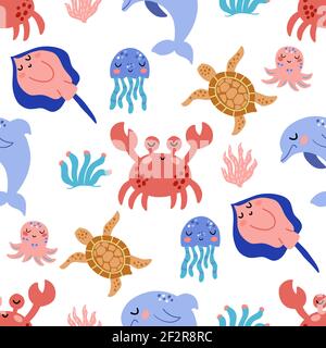 Seamless pattern with the image of cute sea animals in vector graphics. For the design of prints on fabrics, baby clothes, covers, wrapping paper Stock Vector