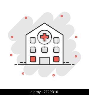 Vector cartoon hospital building icon in comic style. Infirmary medical clinic sign illustration pictogram. Health business splash effect concept. Stock Vector