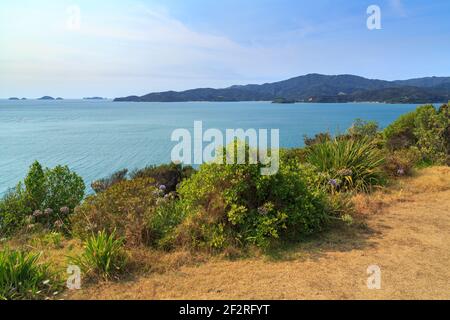 Coastline on the Coromandel Peninsula, New Zealand. Looking north from Ruffin Peninsula towards Oamaru Bay Stock Photo