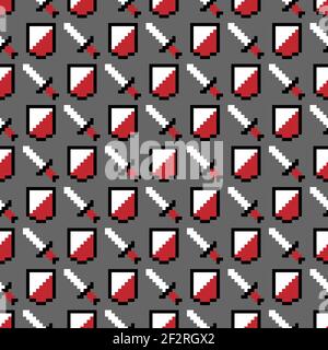 Game pixel icons, shield and sword, color vector seamless pattern background Stock Vector