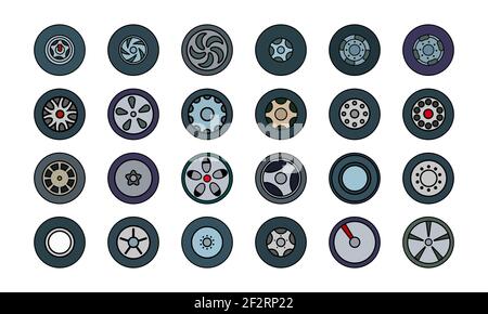 Set of colored icons of tires and wheels. Flat flat style. Vector illustration. Stock Vector