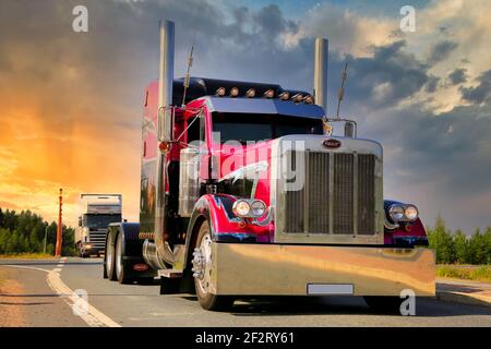 LEMPAALA, FINLAND - AUGUST 7, 2014: American Show truck tractor Peterbilt 379 from Norway arrives at Lempaala as part of the truck convoy to Power Tru Stock Photo