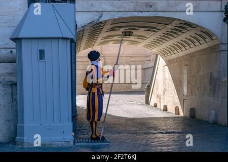 ROME, ITALY - SEPTEMBER 05, 2018: Swiss guardsman standing in the guard. Vatican, Rome, Italy Stock Photo