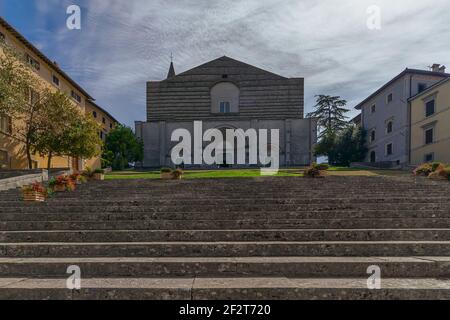 Todi, Umbria, Italy the staircase and the facade of the medieval catholic church St. Fortunato Stock Photo