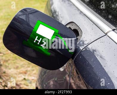 Tank cap with an H2 hydrogen logo Stock Photo