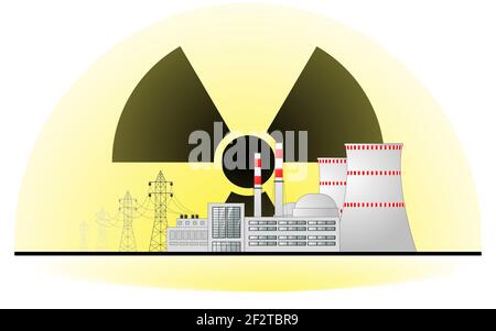 Nuclear power plant against the background of the radiation hazard sign. Nuclear power hazard concept. Vector flat illustration Stock Vector