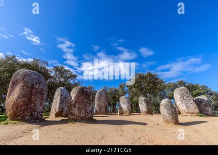 Panoramic view of the megalithic complex Almendres Cromlech (Cromelelique dos Almendres) Evora, Alentejo Region, Portugal Stock Photo