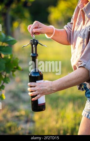 Woman opening red wine bottle by corkscrew at vineyard. Pulling wine cork from bottle outdoors. Selective focus Stock Photo