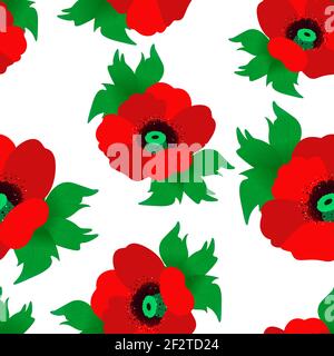 Seamless pattern with red poppies. Blooming red poppies, repeating continuous pattern for design, Vector. Stock Vector