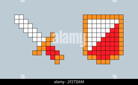 Vector pixel art cartoon sword and shield isolated elements on gray Stock Vector