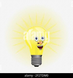 Vector cartoon electric lamp light bulb with funny smiley face and bright and shiny glow rays around of lamp. Realistic lamp vector cartoon illustration Stock Vector