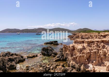 View of the beautiful rocky coast of the island Ibiza. Balearic Islands, Spain Stock Photo